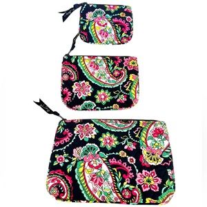 Vera Bradley 3 Piece Set Wallet Clutch Purses Black Background Paisley Floral